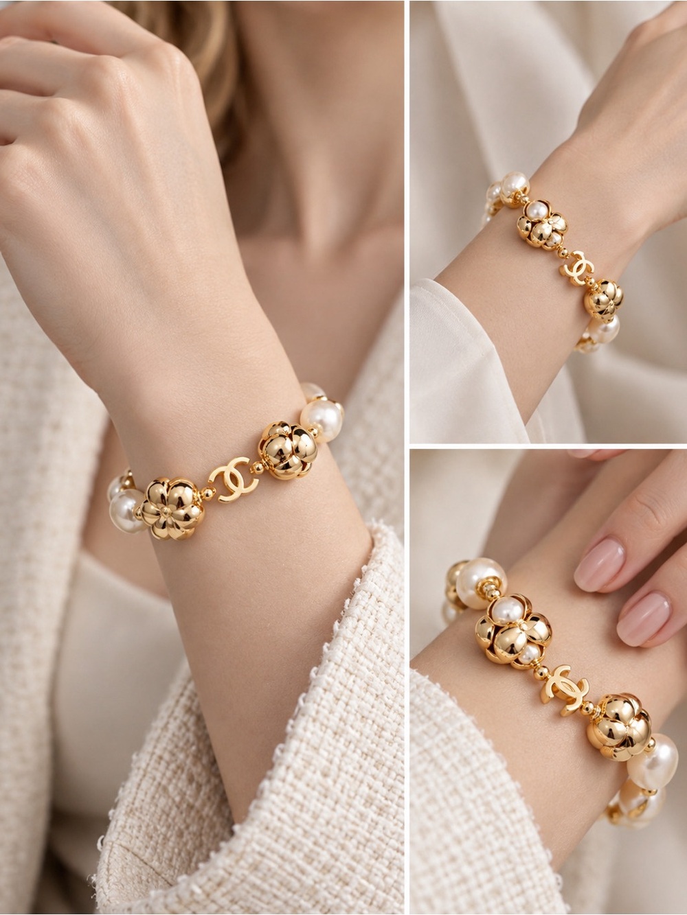 NWT Chanel Gold CC Logo Pearl Camellia Flower Bracelet Box